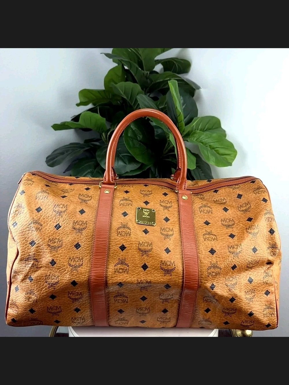 MCM Cognac Visetos Logo Duffel with Tan Trim